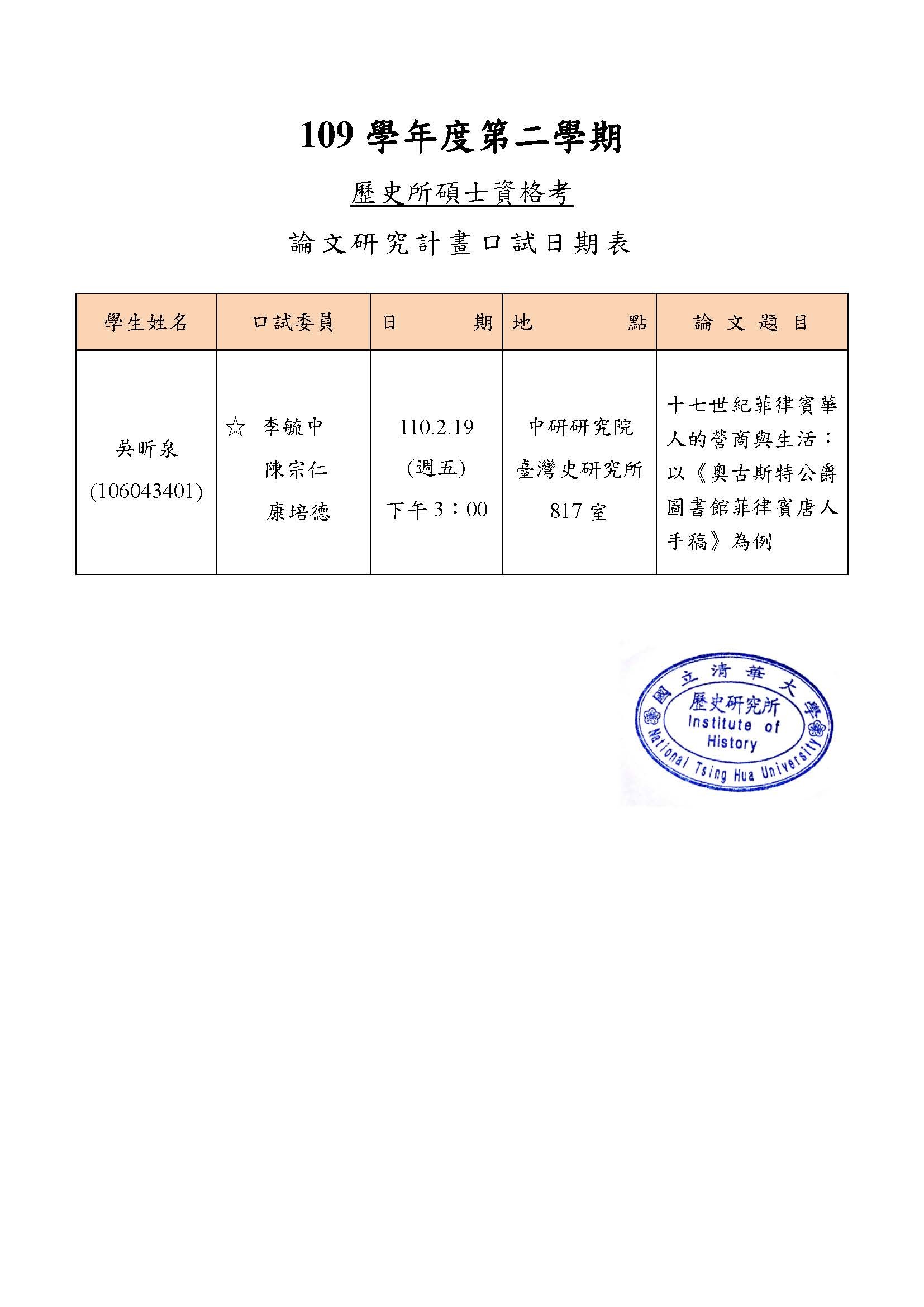 110年02月19日碩士研究計畫考試公告-吳昕泉