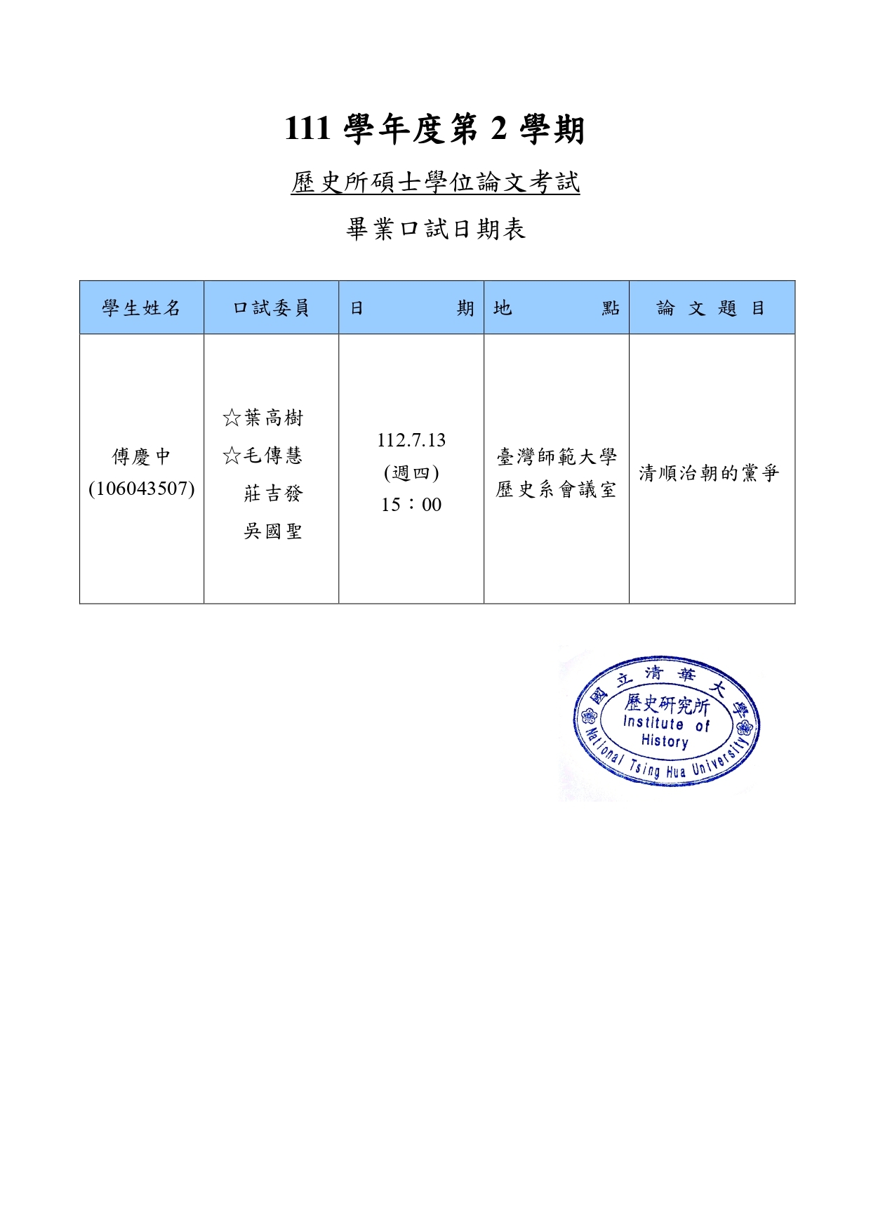 112年07月13日碩士學位論文考試公告-傅慶中